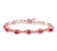 Homxi Pulseras de Mujer de Oro Rosa de 18K, Oval con Rubí Creado y Moissanita, Cadena Extensible 18 CM + 5 CM, Pulsera de Mujer Oro Rosa