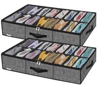 homyfort Large Sturdy Under Bed Shoe Storage Solution Organizer For Closet Fit 16x2 Pairs, Underbed Shoes Container Bags with Reinforced Handles, Breathable, Linen-like Black, XAUBS16P2
