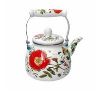 Homyl Tetera Esmalte Hervidor Agua Utensilio, Blanco, Blanco con Flores Rojas Y Verdes, Diseño Floral con Amapolas Rojas Y Abejas