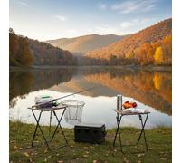 HOMYLIN Juego de 2 mesas de accesorios de pesca - MDF con superficie de PVC, perfectas para cajas de aparejos y preparación de cebos, color marrón