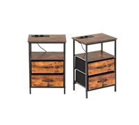 HOMYLIN Juego de 2 mesitas de noche con LED y función de carga, mesa auxiliar de almacenamiento con 2 cajones y estante de madera abierto, perfecto para dormitorio, habitación de invitados, color