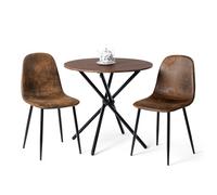 HOMYLIN Juego de 3 sillas de comedor y mesa de comedor de 80 cm, mesa de comedor redonda con efecto marrón expreso con 2 sillas de cocina de gamuza marrón