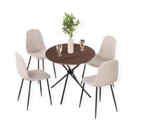 HOMYLIN Juego de 5 sillas de comedor y mesa de comedor de 80 cm, mesa de comedor redonda con efecto marrón expreso con 4 sillas de cocina de tela flameada beige