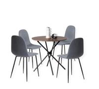 HOMYLIN Juego de 5 sillas de comedor y mesa de comedor de 80 cm, mesa de comedor redonda con efecto marrón expreso con 4 sillas de cocina de tela flameada gris