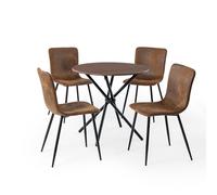HOMYLIN Juego de 5 sillas de comedor y mesa de comedor de 80 cm, mesa de comedor redonda con efecto marrón expreso con 4 sillas de cocina cuadradas de gamuza marrón