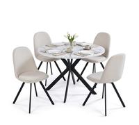 HOMYLIN Juego de comedor de 5 piezas con mesa redonda de tablero DM de 110 cm con aspecto de mármol blanco y 4 sillas giratorias, mesa con estructura en X negra, sillas de tela beige para cocina y