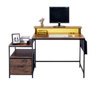 HOMYLIN Mesa de Ordenador con cajón de Tela y Soporte para Monitor, Mesa de Estudio de 100 cm con estantes de Almacenamiento, Escritorio para Juegos con enchufes y Luces LED para Estudios, Color
