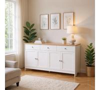 HOMYLIN Moderno armario lateral con cajones, mesa auxiliar de consola superior de roble, almacenamiento para sala de estar, 160 cm de ancho, color blanco