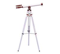HOMYZ Telescopio decorativo de latón de doble barril con trípode de madera blanca, telescopio funcional de cobre, telescopio de cuero, decoración del hogar y la oficina