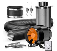 Hon&Guan Juego de extractor de aire de 100 mm, ventilador de tubo de 100 mm con regulador, filtro de carbón activo, acoplamiento de goma, abrazaderas para tubo, juego para tienda de cultivo