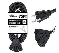 HONDERSON 75FT Outdoor Extension Cord with 3 Electrical Power Outlets - 16/3 SJTW Durable Black Cable with 3 Prong Grounded Plug for Safety,Great for Outdoor Christmas Decorations