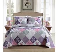 HoneiLife Juego de edredón tamaño Queen - 3 piezas de microfibra reversible colcha de retazos floral juego de ropa de cama para todas las estaciones con patrón geométrico y estampado de rosas pequeñas