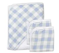 HonestBaby Juego de toallas y paños de algodón orgánico con capucha de 3 piezas, cuadros de búfalo pintado azul, talla única