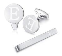 HONEY BEAR Carta Inicial Alfabeto Gemelos & Clip Pasador de Corbata Pisacorbatas - Acero Inoxidable para la Camisa de los Hombres Regalo de Boda del Negocio (Plata) (E)