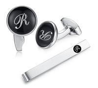 Honey Bear Carta Inicial Alfabeto Gemelos & Clip Pasador de Corbata Pisacorbatas - Acero Inoxidable para la Camisa de los Hombres Regalo de Boda del Negocio (Negro) (R)