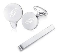 HONEY BEAR Carta Inicial Alfabeto Gemelos & Clip Pasador de Corbata Pisacorbatas - Acero Inoxidable para la Camisa de los Hombres Regalo de Boda del Negocio (Plata cepillada) (G)