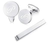 HONEY BEAR Carta Inicial Alfabeto Gemelos & Clip Pasador de Corbata Pisacorbatas - Acero Inoxidable para la Camisa de los Hombres Regalo de Boda del Negocio (Plata cepillada) (P)
