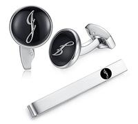 Honey Bear Carta Inicial Alfabeto Gemelos & Clip Pasador de Corbata Pisacorbatas - Acero Inoxidable para la Camisa de los Hombres Regalo de Boda del Negocio (Negro) (J)