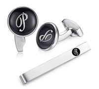 Honey Bear Carta Inicial Alfabeto Gemelos & Clip Pasador de Corbata Pisacorbatas - Acero Inoxidable para la Camisa de los Hombres Regalo de Boda del Negocio (Negro) (P)