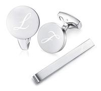 HONEY BEAR Carta Inicial Alfabeto Gemelos & Clip Pasador de Corbata Pisacorbatas - Acero Inoxidable para la Camisa de los Hombres Regalo de Boda del Negocio (Plata cepillada) (L)