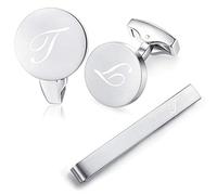 Honey Bear Carta Inicial Alfabeto Gemelos & Clip Pasador de Corbata Pisacorbatas - Acero Inoxidable para la Camisa de los Hombres Regalo de Boda del Negocio (Plata cepillada) (T)