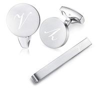 HONEY BEAR Carta Inicial Alfabeto Gemelos & Clip Pasador de Corbata Pisacorbatas - Acero Inoxidable para la Camisa de los Hombres Regalo de Boda del Negocio (Plata cepillada) (V)