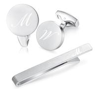 HONEY BEAR Carta Inicial Alfabeto Gemelos & Clip Pasador de Corbata Pisacorbatas para la Camisa de los Hombres Regalo de Boda del Negocio Plata (M Engrosado)