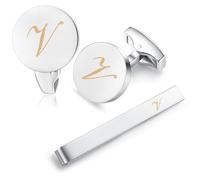 HONEY BEAR Carta Inicial Alfabeto Gemelos & Clip Pasador de Corbata Pisacorbatas para la Camisa de los Hombres Regalo de Boda del Negocio Plata (V)