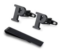 Honey Bear Carta Inicial Alfabeto Gemelos & Clip Pasador de Corbata Pisacorbatas para la Camisa de los Hombres Regalo de Boda del Negocio (Negro) (P)