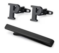 Honey Bear Carta Inicial Alfabeto Gemelos & Clip Pasador de Corbata Pisacorbatas para la Camisa de los Hombres Regalo de Boda del Negocio (Negro) (Espeso P)