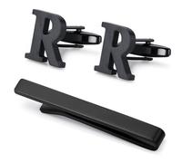 Honey Bear Carta Inicial Alfabeto Gemelos & Clip Pasador de Corbata Pisacorbatas para la Camisa de los Hombres Regalo de Boda del Negocio (Negro) (Espeso R)