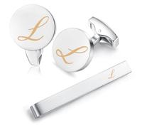 HONEY BEAR Carta Inicial Alfabeto Gemelos & Clip Pasador de Corbata Pisacorbatas para la Camisa de los Hombres Regalo de Boda del Negocio Plata (L)