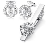 HONEY BEAR Gemelos & clips de corbata Escocia Cardos escoceses para Hombre Camisa para Boda negocio regalo,Plata brillante Scotland Scottish Thistle