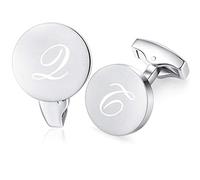 HONEY BEAR Gemelos redondos con letra del alfabeto inicial para hombre, regalo de boda, negocios, acero inoxidable, plata cepillada A-Z, 15 mm, Acero inoxidable, Sin gemas.