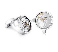 Honey Bear gemelos reloj relojería Mecanismo Steampunk de relojería para hombre camisa Redonda , acero inoxidable regalo de boda de negocios con caja (Plata 2)