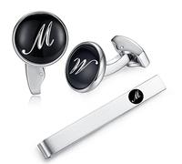 HONEY BEAR Inicial Letra Alfabeto Gemelos & Pinzas de Lazo Set - Acero Inoxidable para el Regalo de la Boda de la Camisa de los Hombres Negro, 15mm, Acero inoxidable, Sin piedra