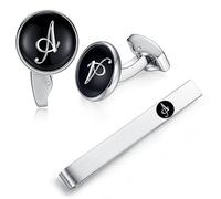 HONEY BEAR Inicial Letra Alfabeto Gemelos & Pinzas de Lazo Set - Acero Inoxidable para el Regalo de la Boda de la Camisa de los Hombres Negro, 15mm, Acero inoxidable, sin piedra