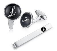 HONEY BEAR Inicial Letra Alfabeto Gemelos & Pinzas de Lazo Set - Acero Inoxidable para Regalo de Negocios de Boda Camisa Hombres Negro, 15mm, Acero inoxidable, sin piedra
