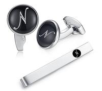HONEY BEAR Inicial Letra Alfabeto Gemelos & Pinzas de Lazo Set - Acero Inoxidable para Regalo de Negocios de Boda Camisa Hombres Negro, 15mm, Acero inoxidable, sin piedra