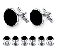 HONEY BEAR Juego de 6 gemelos y tachuelas, color ónix negro, para hombre, camisas, esmoquin, regalo de boda (Negro con plata 6pcs)
