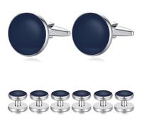 HONEY BEAR Juego de 6 gemelos y tachuelas, color ónix negro, para hombre, camisas, esmoquin, regalo de boda (Azul marino 8pcs)