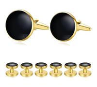 HONEY BEAR Juego de 6 gemelos y tachuelas, color ónix negro, para hombre, camisas, esmoquin, regalo de boda (Negro con oro 8pcs)