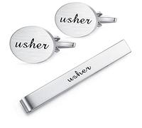 HONEY BEAR Juego de gemelos de boda con clip de corbata para camisa de hombre regalo de matrimonio con caja, plata cepillada, 22*16mm, Acero inoxidable, Sin gemas.