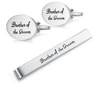 HONEY BEAR Juego de gemelos de boda con clip de corbata para camisa de hombre regalo de matrimonio con caja, plata cepillada, 22*16mm, Acero inoxidable, Sin gemas.