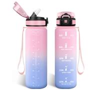 HoneyHolly Botella Agua 1 Litro, Libre de BPA & Prueba de Fugas, Botella de Agua, con Pajita, Water Bottle, con Marcador de Tiempo, Cantimplora para Sport, Bicicleta, Gimnasio, Escuela