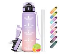 HoneyHolly Botella Agua 1 Litro, Libre de BPA & Prueba de Fugas, Botella de Agua, con Pajita, Water Bottle, con Marcador de Tiempo, Cantimplora para Sport, Bicicleta, Gimnasio, Escuela