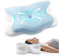 Honfay Almohada Cervical Ergonómica 2 en 1 con Memoria de Forma, Alivia el Dolor del Cuello y los Hombros, para Dormir en el Lateral, Espalda y Vientre, Altura Ajustable 11 cm/13 cm (Azul, L)