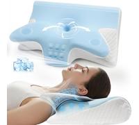 Honfay Almohada Cervical Ergonómica 2 en 1 de Espuma Viscoelástica con Reposabrazos, Altura Ajustable para Dormir de Lado, Boca Arriba y Boca Abajo, 60 x 42 x 14/12 cm (Azul)