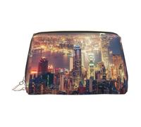 Hong Kong Print - Neceser de piel de primera calidad con bolsa portátil impermeable y abierta para maquillaje, Gold, Talla única