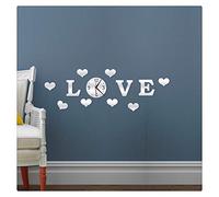 HONGBI DIY 3D Casa Moderna decoración de Cristal del Espejo Sala Love Reloj de Pared,Plata,1 Set